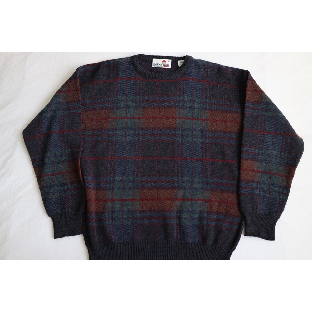 Vintage Florence Tricot Mens M Wool Blend Plaid Sweater Made in Italy 90s